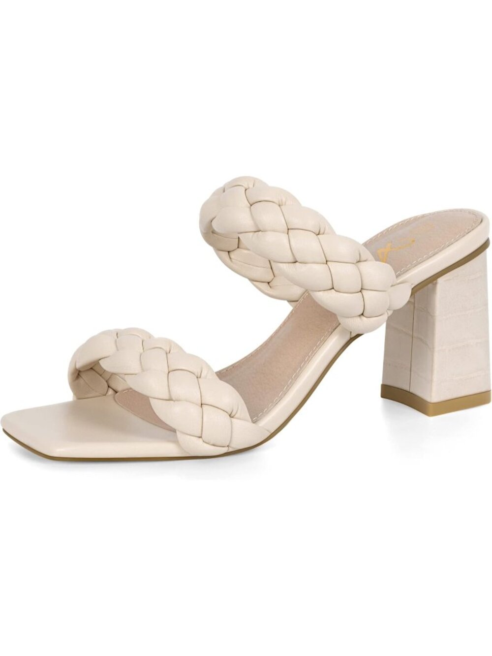 Women's Beige Braided Heeled Sandals Summer Square Open Toe Chunky Block Heels